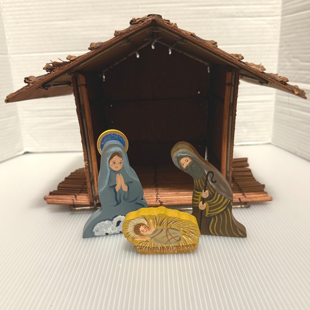 Handpainted Nativity Set Excellent Handmade Signed Bamaha Wood Mary Joseph Jesus
